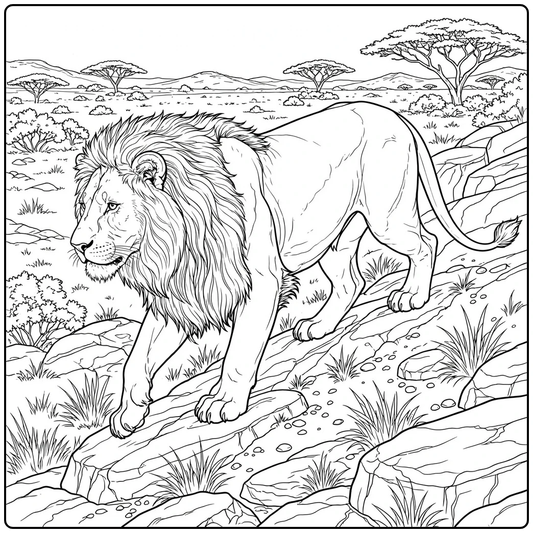 Male lion descends a rocky savanna slope with his tail extended for balance