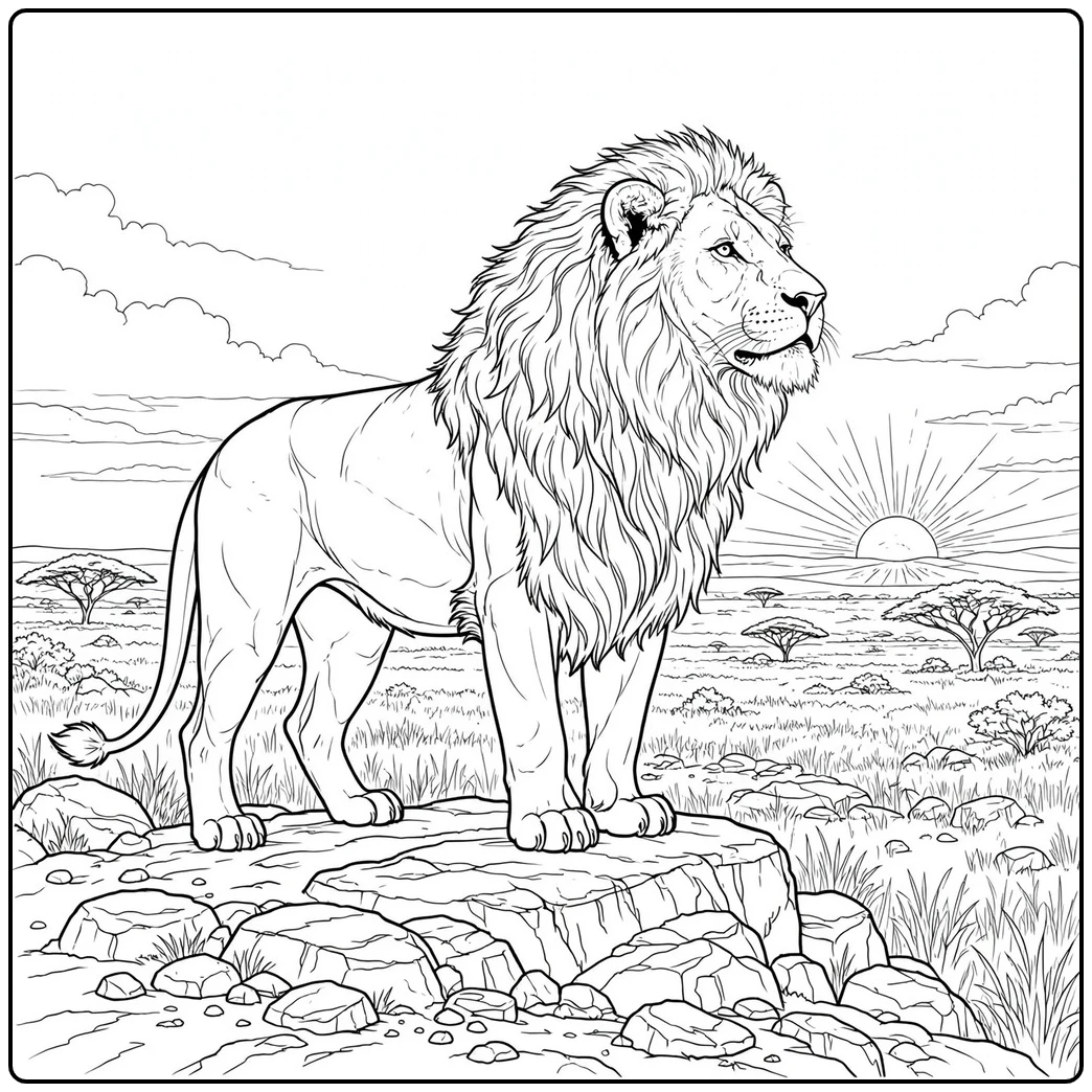 Sunrise rock ledge frames a male in this realistic lion coloring page