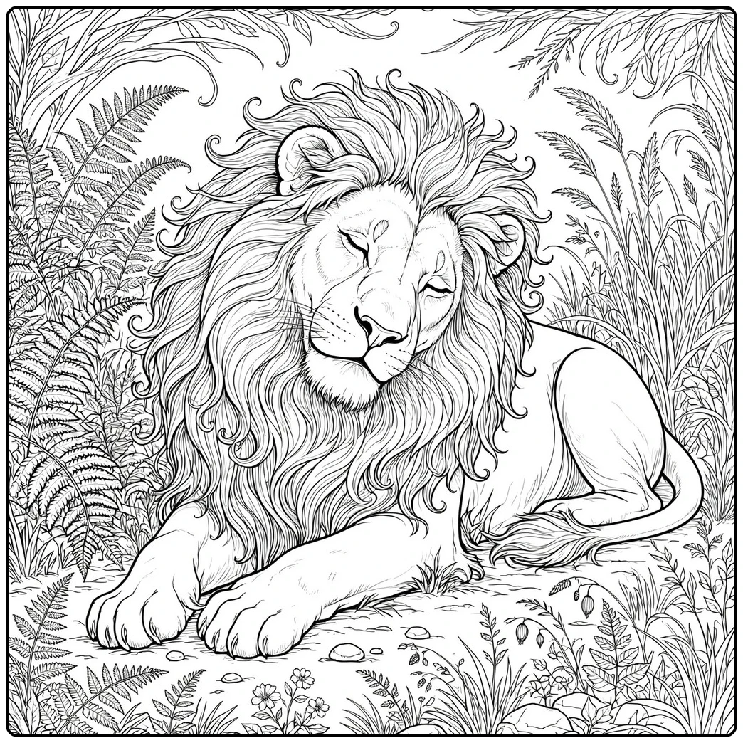 Resting male among dense ferns creates a detailed lion coloring page scene