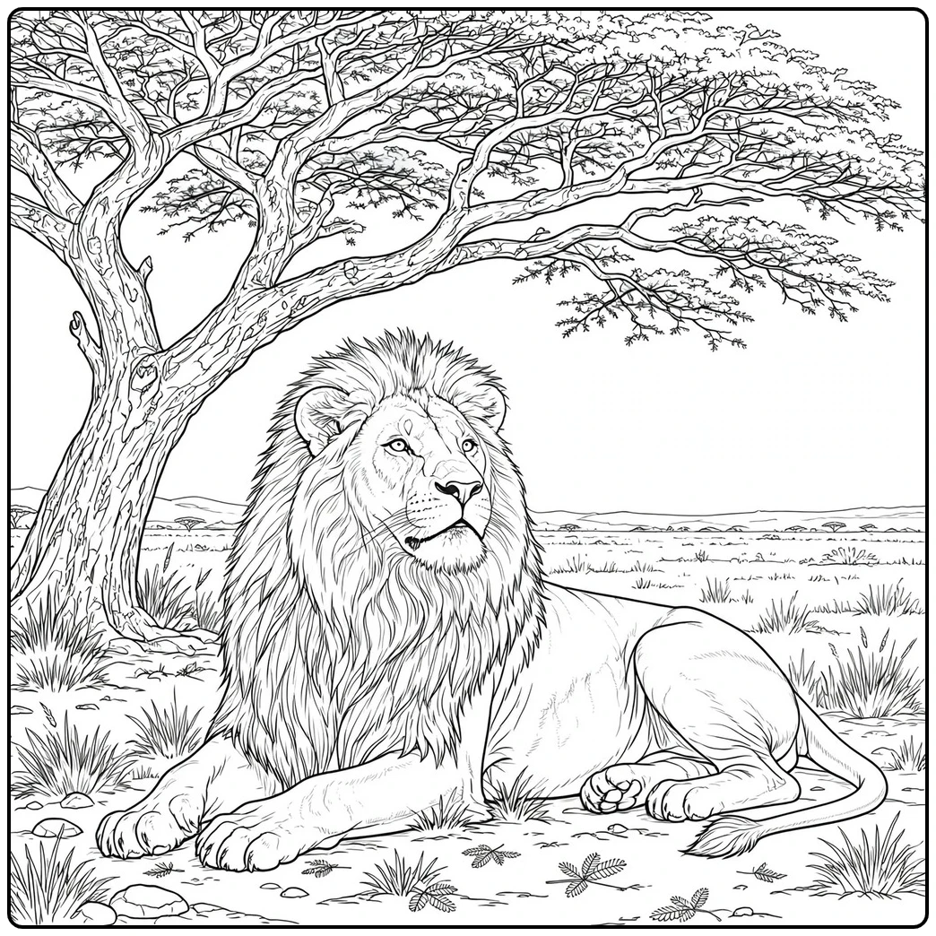 Adult male lion resting beneath a broad acacia tree in the African grassland