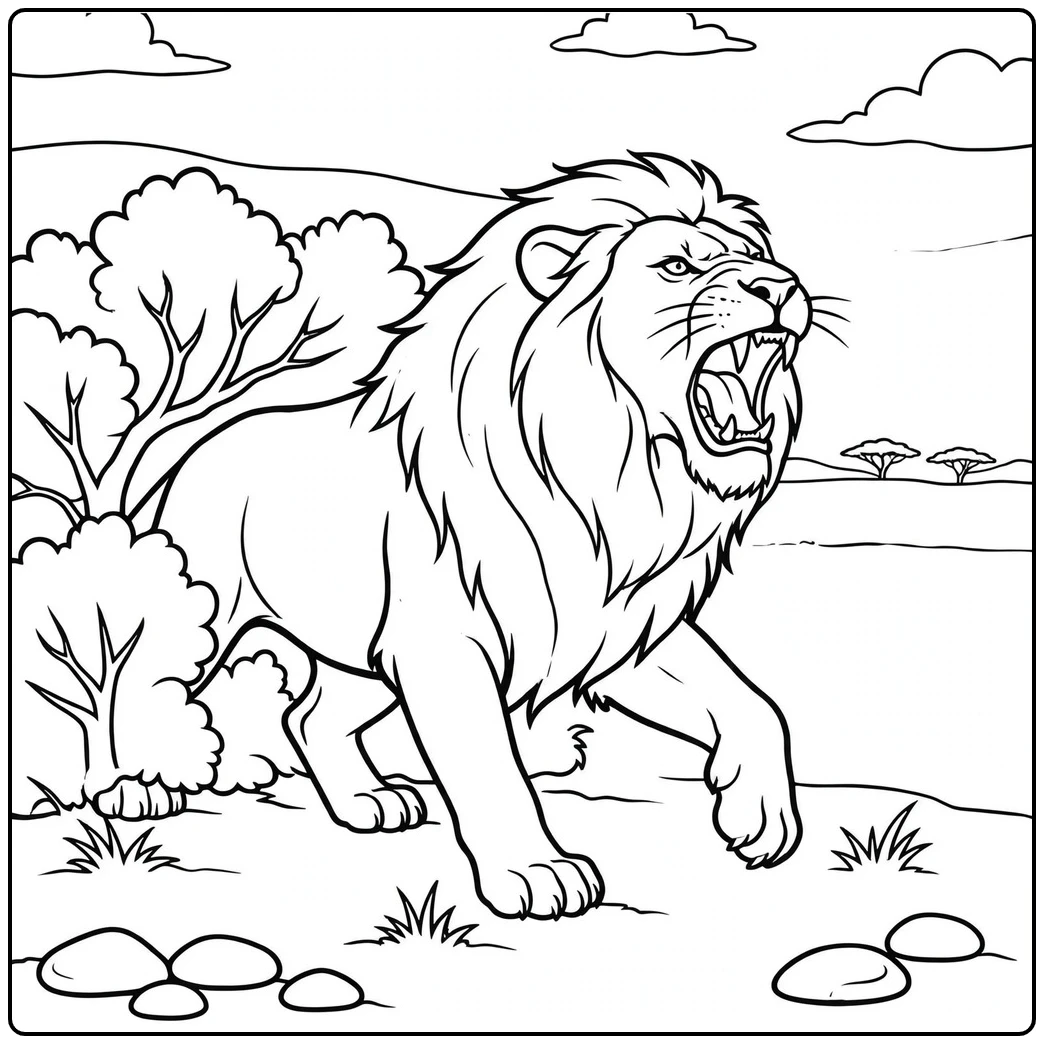 Powerful male lion strides forward while roaring across an open savanna landscape