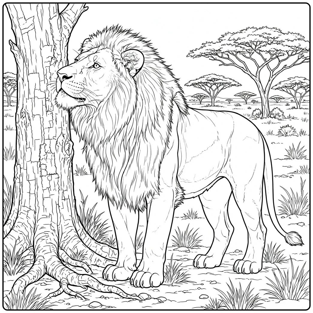 Male rubbing his mane on a tree in an african lion coloring page