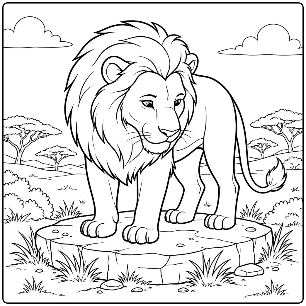 Male lion stands on a flat rock ledge with his head lowered toward the ground