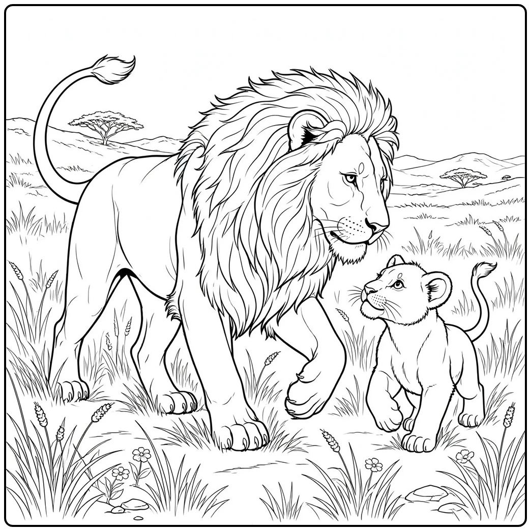 Male lion walks beside a cub through tall savanna grass and wildflowers