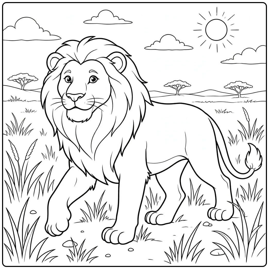 Adult male lion walks through sunny savanna grass beneath scattered acacia trees