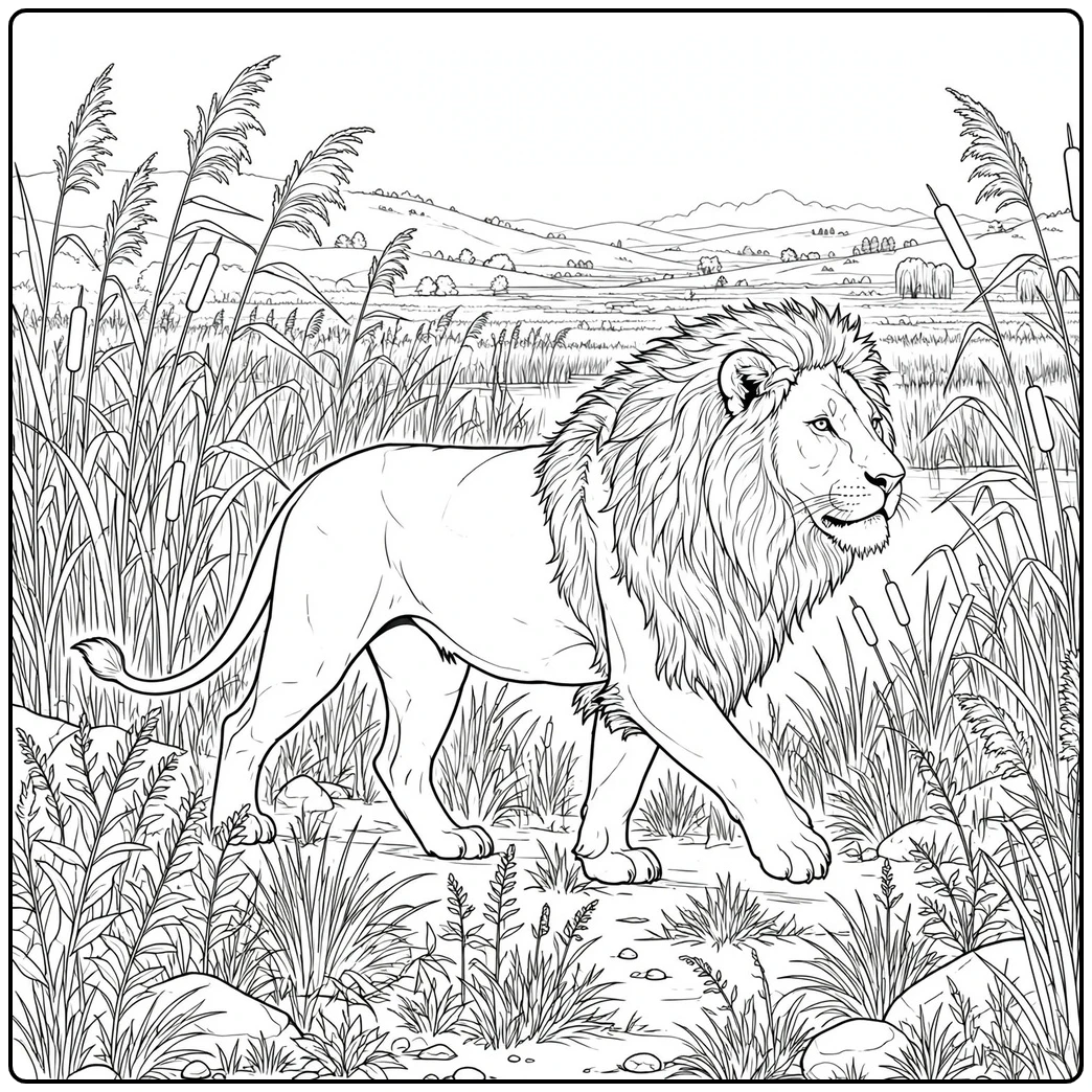 Male lion walks through tall reeds on a lion coloring page for adults with marsh plants