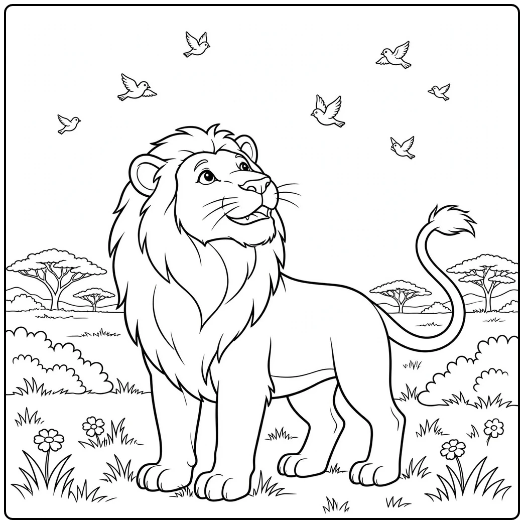 Birdwatching male lion stands alert in a lion coloring page for kids