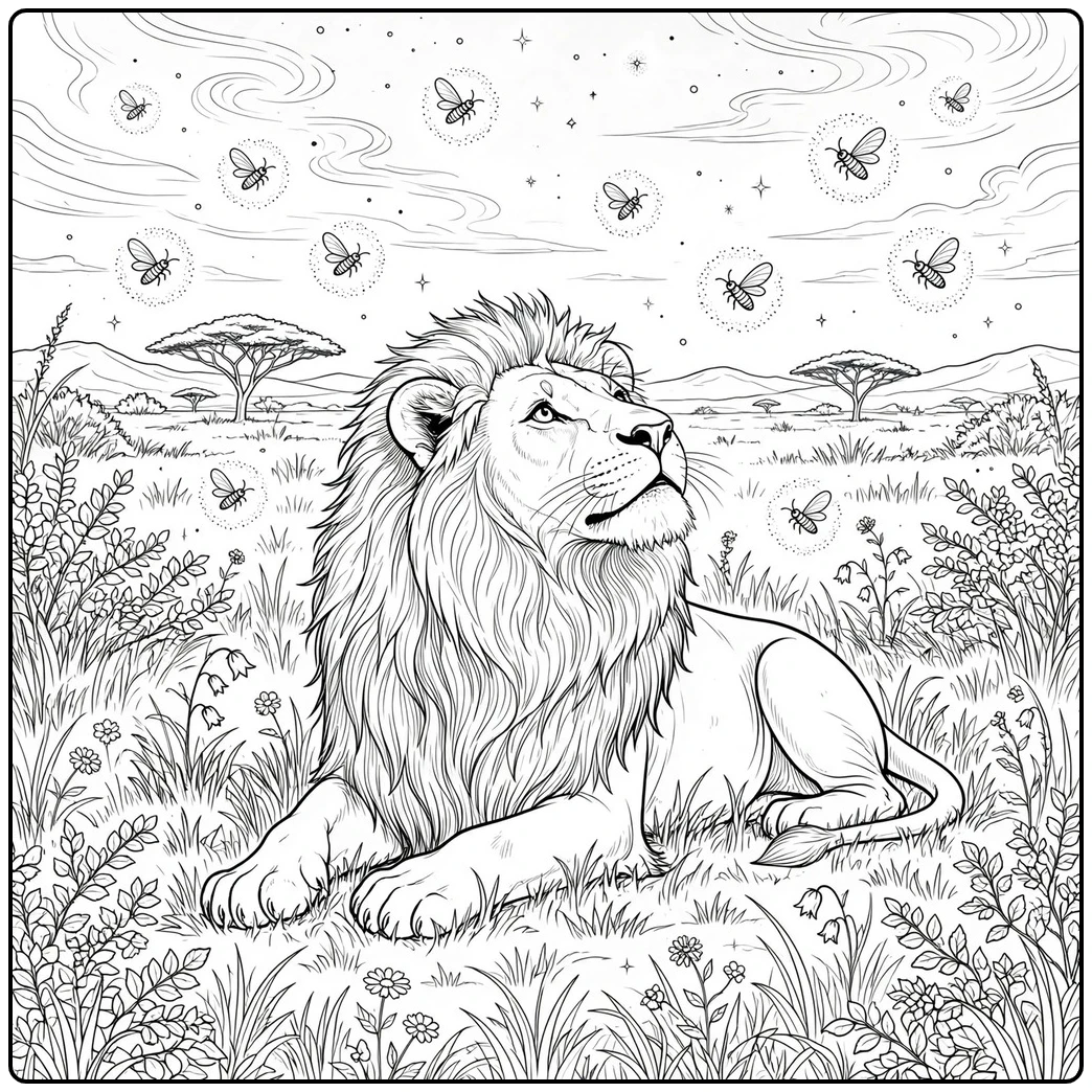 Fireflies surround a resting male lion in a lion coloring page for adults