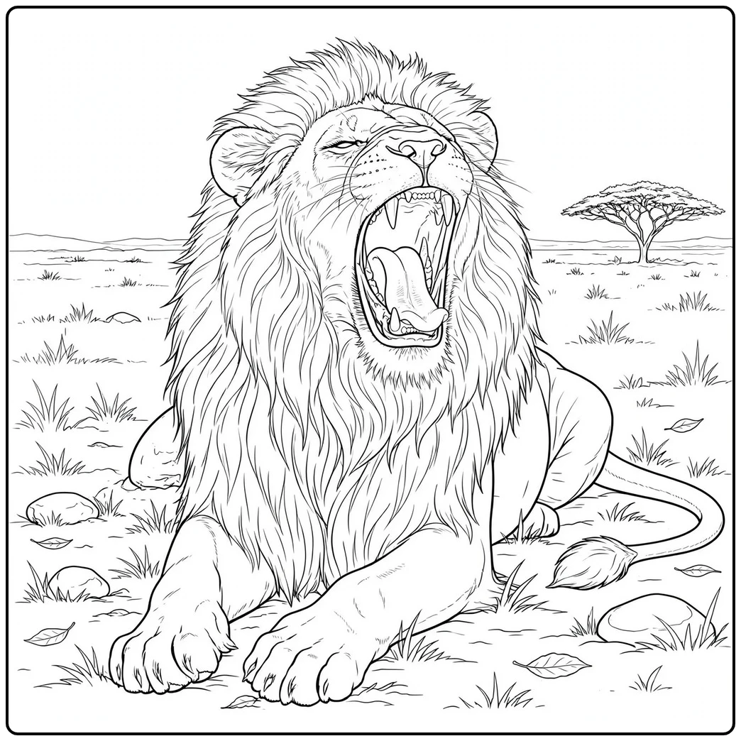 Yawning male lion rests on open ground in a realistic lion coloring page