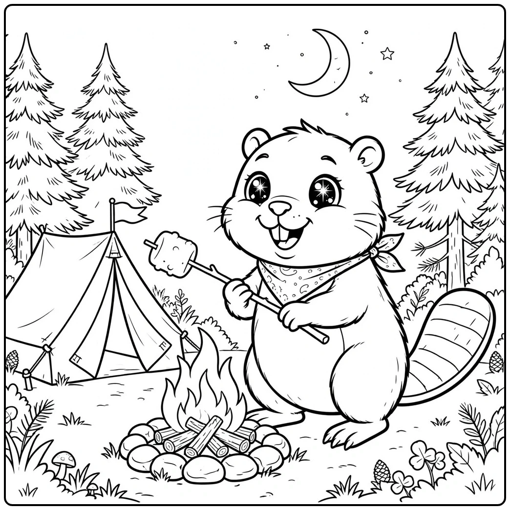 A scarf-wearing beaver roasts a marshmallow beside a tent under the crescent moon