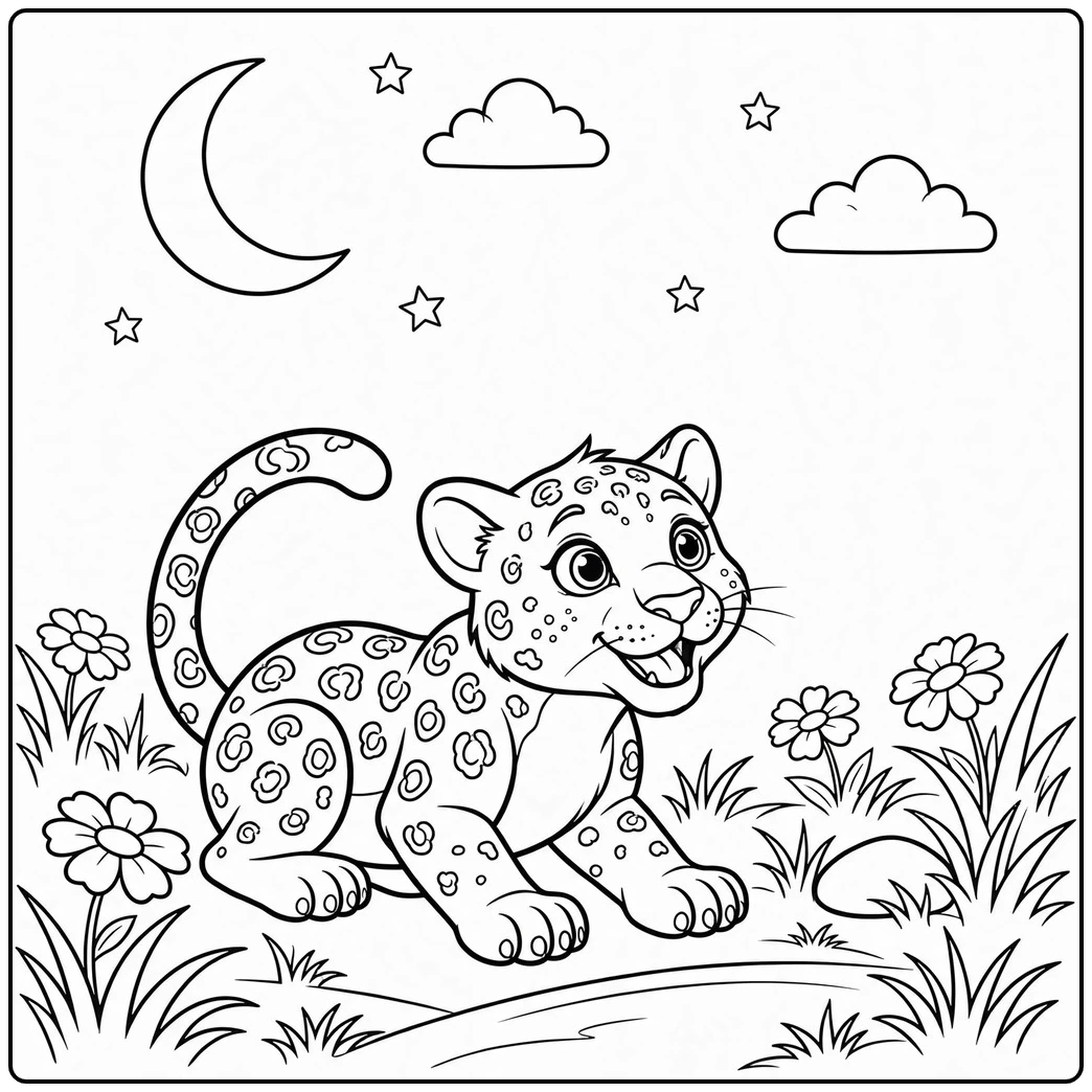 Wide-eyed leopard crouches in a flower meadow beneath a crescent moon and stars