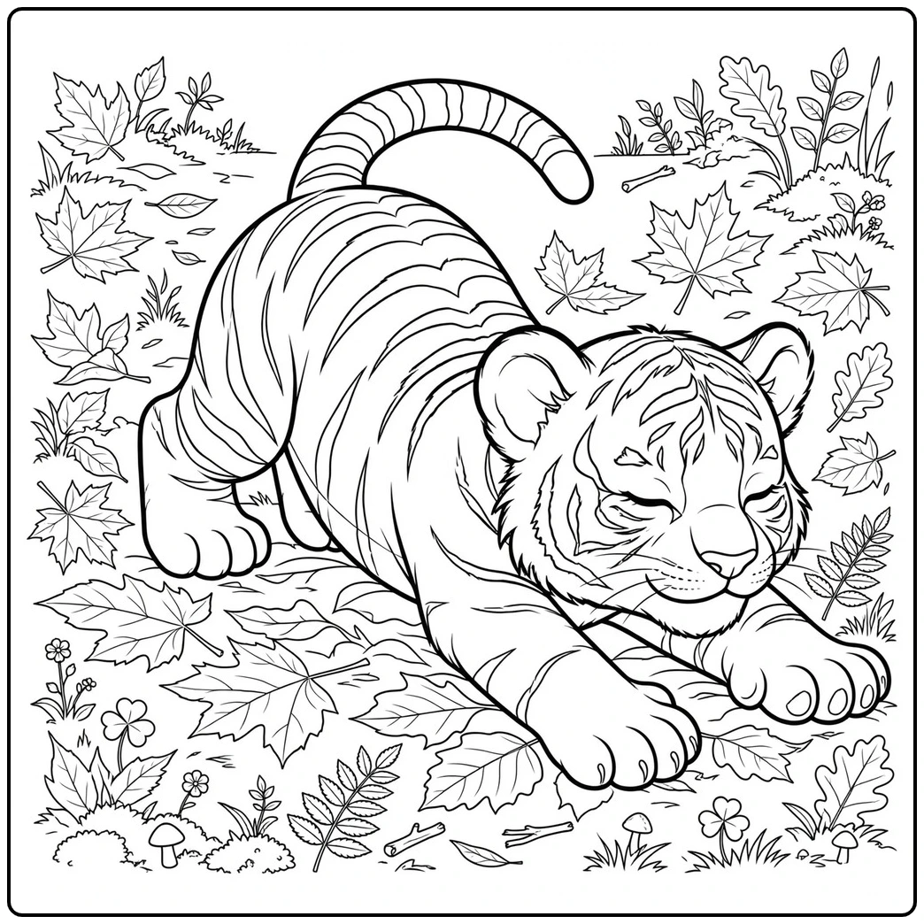 Young tiger stretching across fallen leaves with both front paws extended