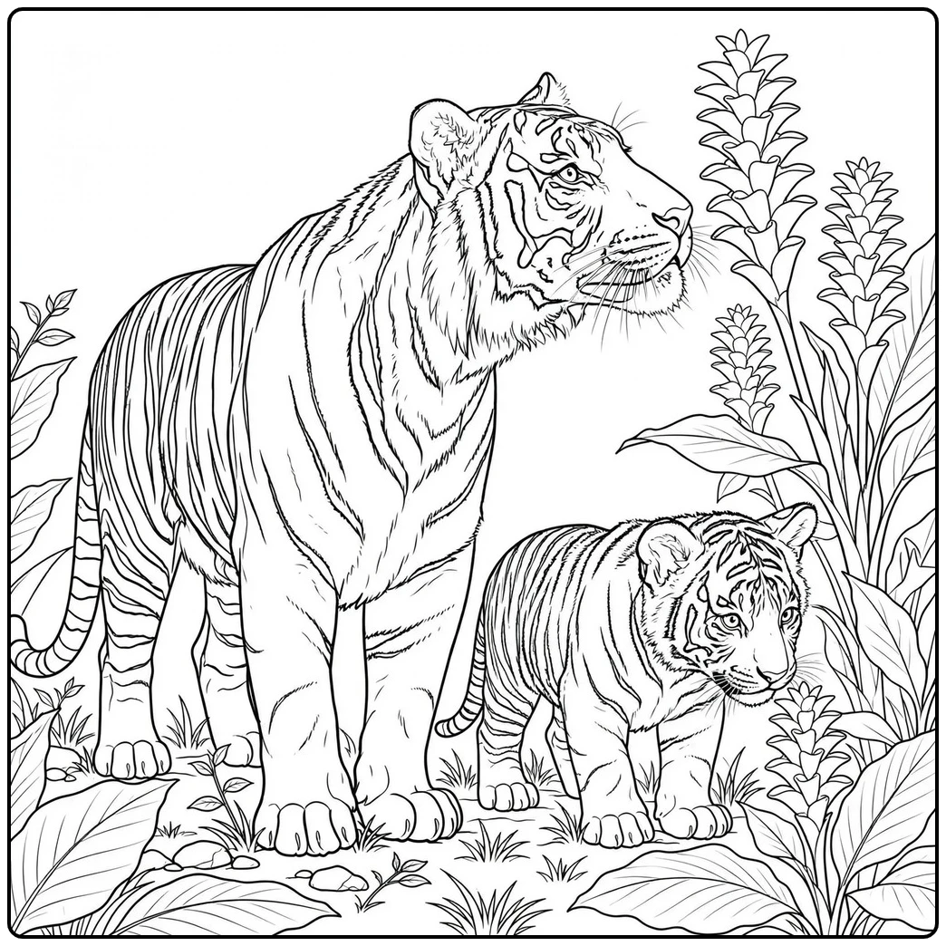 Mother tiger and cub explore tall wild turmeric flowers among broad forest leaves