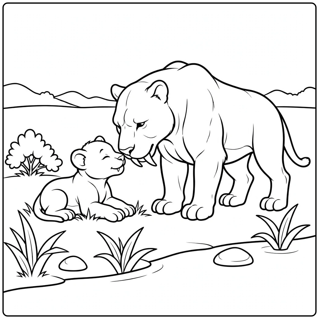 Adult and cub share a gentle nose touch in this saber tooth tiger coloring page