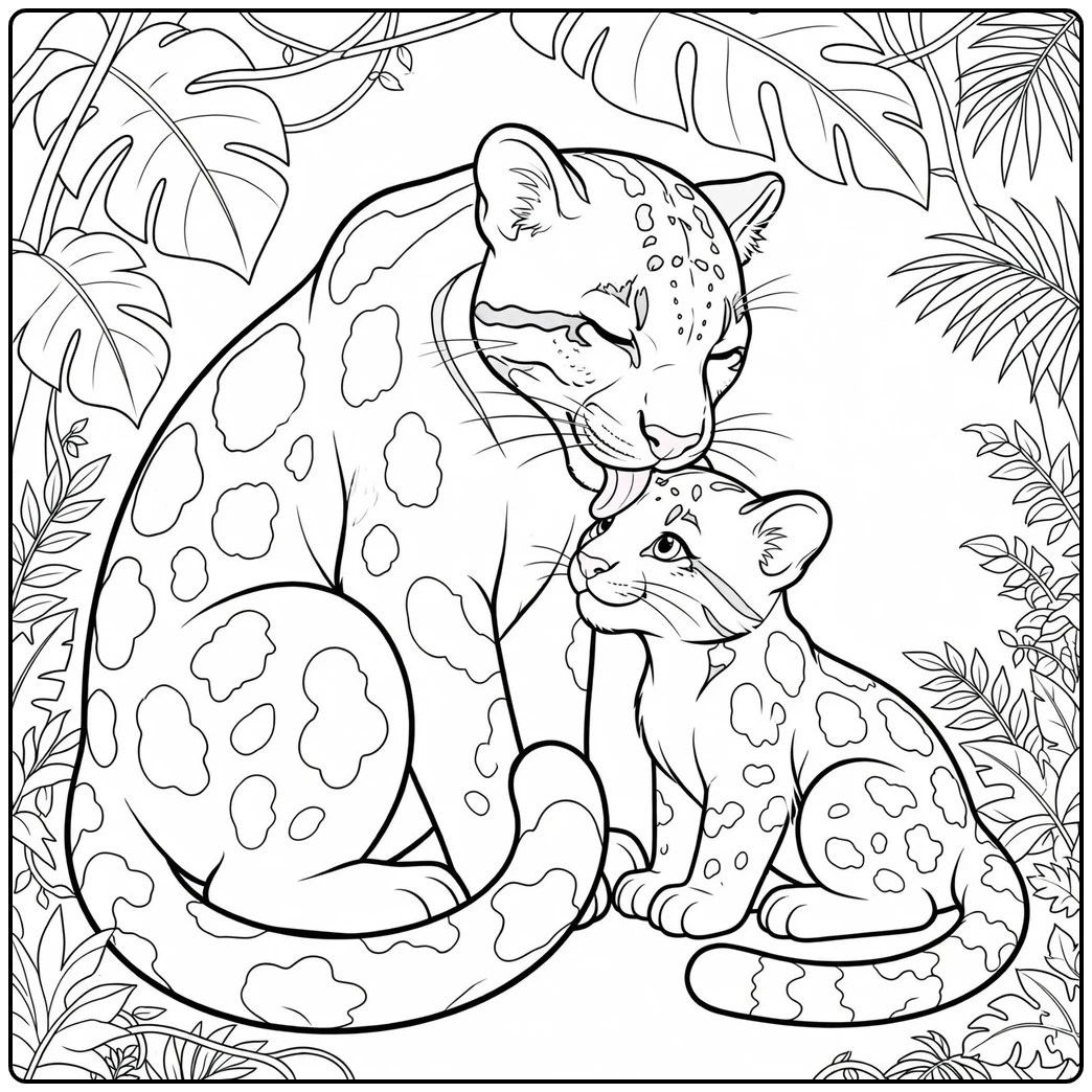Mother clouded leopard grooming her cub in a leafy jungle coloring page