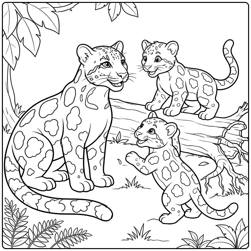 Mother clouded leopard watching two cubs playing beside a fallen forest log