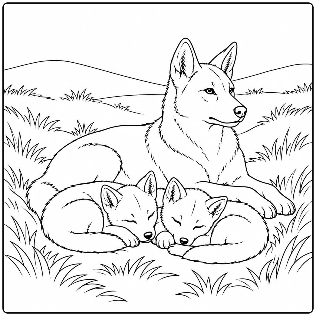 Mother dingo rests in the grass behind two sleeping pups curled up side by side