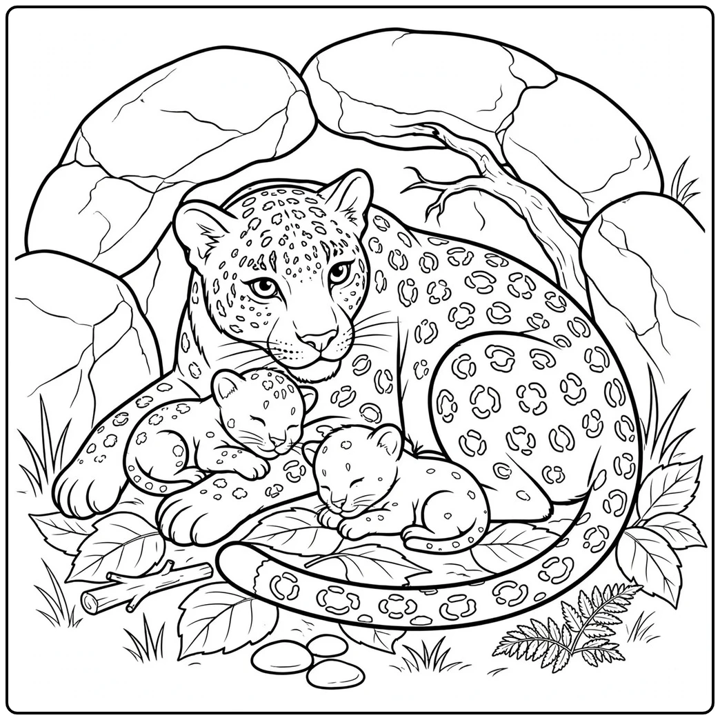 Mother leopard curls around two sleeping newborn cubs inside a sheltered rocky den