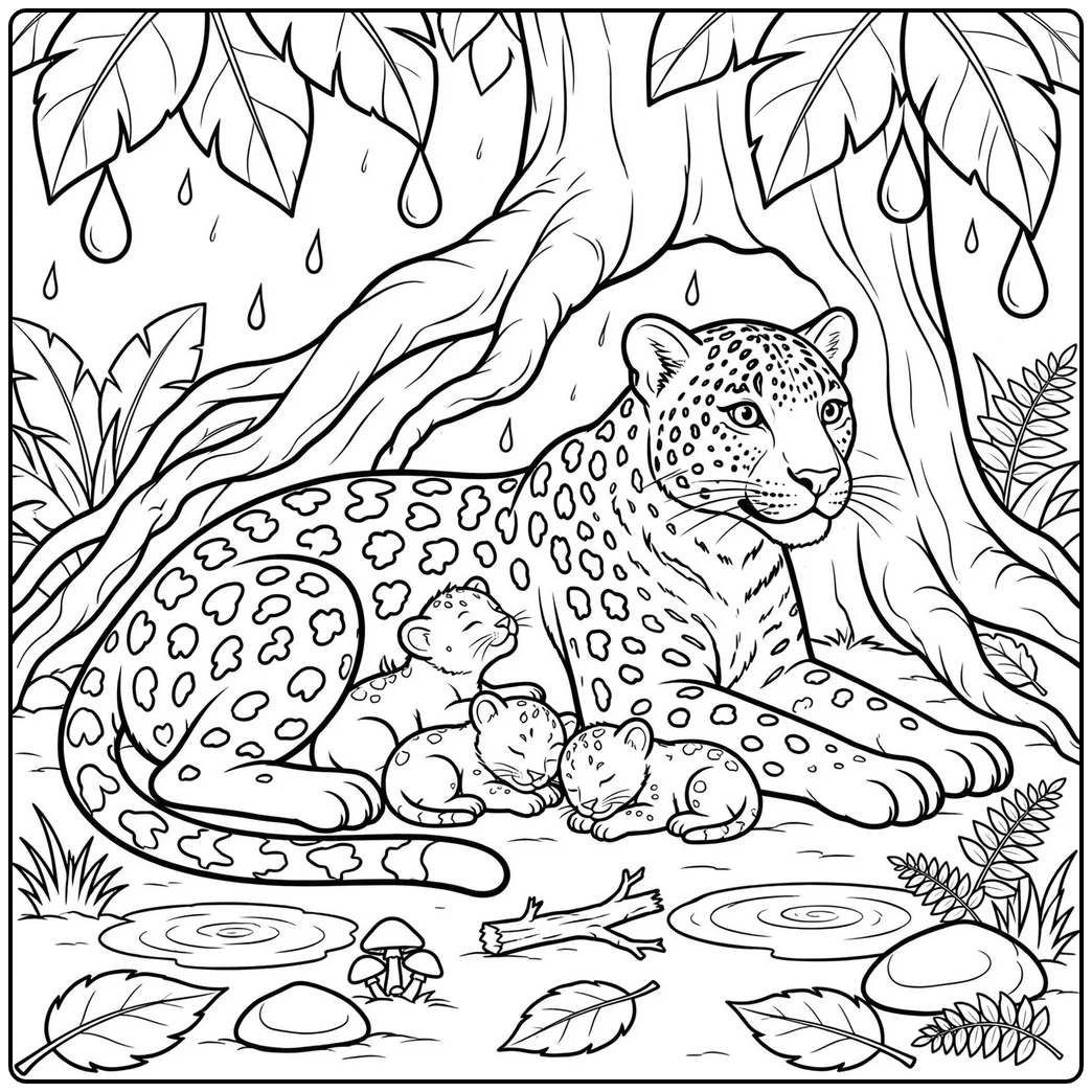 Mother shelters three tiny cubs from rain in tender leopard coloring pages under a tree
