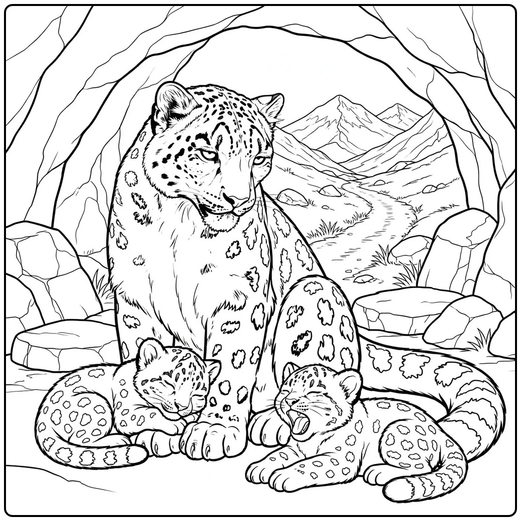 A mother snow leopard resting with two cubs inside a rocky mountain cave