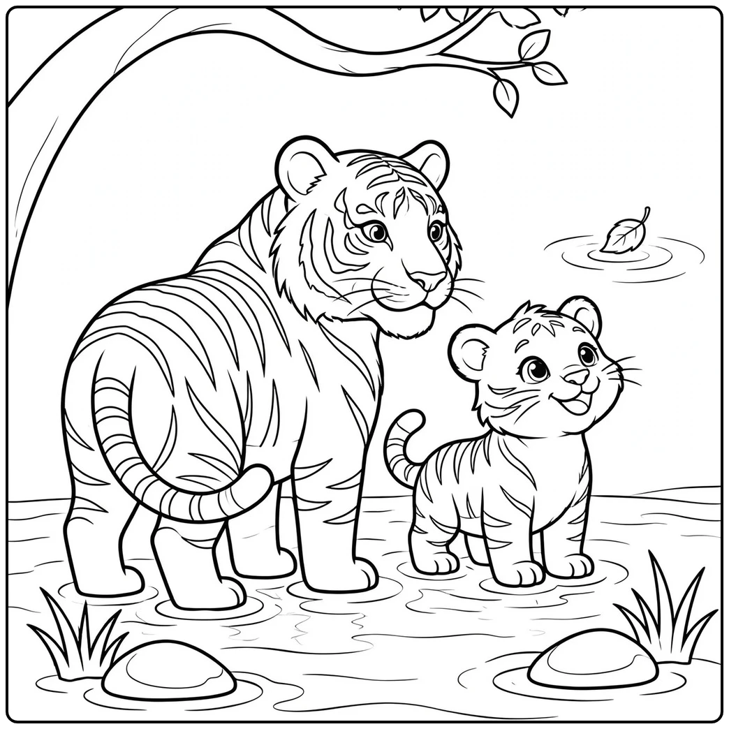 Mother tiger and cub stand together in shallow water beneath a leafy tree branch