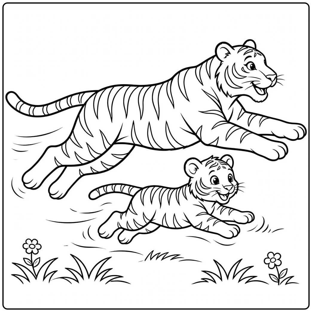 Mother tiger and cub run quickly together across an open field with small flowers