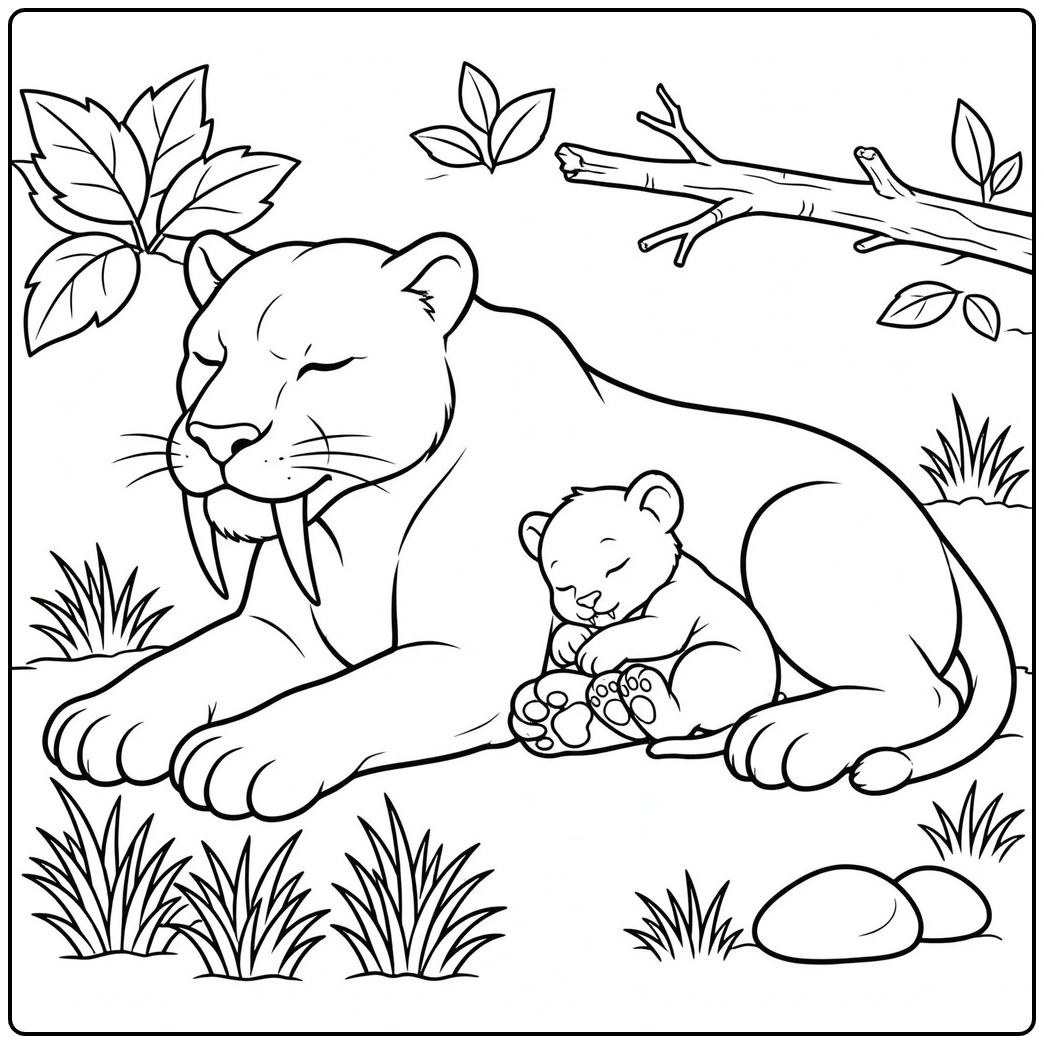 Mother saber tooth tiger resting beside a sleeping cub beneath leafy branches