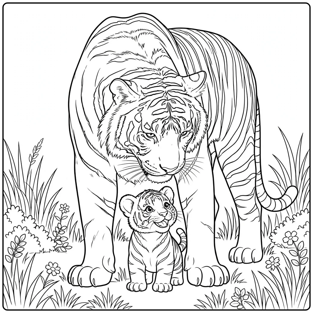 Mother tiger shelters her smiling cub in a mom and baby tiger coloring page