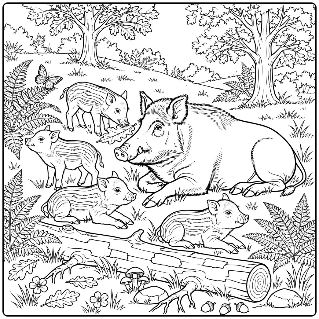 Mother wild boar resting beside four striped piglets in a detailed woodland clearing