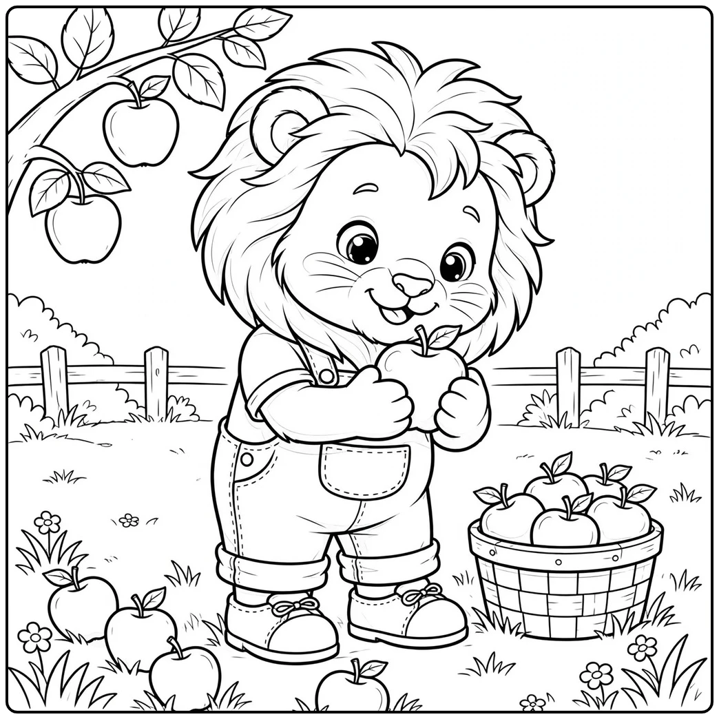 Young lion gathers apples in an orchard while wearing overalls and shoes
