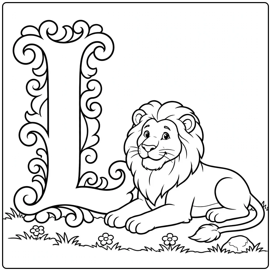 Ornate letter L and resting male lion form an l is for lion coloring page