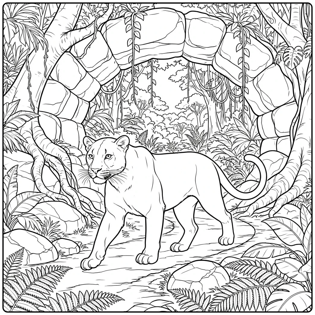 Panther walking through a vine-covered stone arch surrounded by dense tropical ferns
