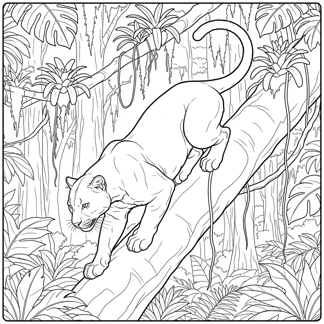 Adult panther climbing down a sloping trunk in dense tropical forest