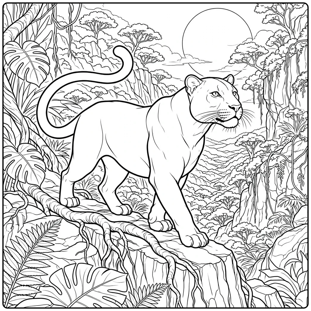 Adult panther crossing a jungle ridge beneath a full moon in a panther coloring page for adults