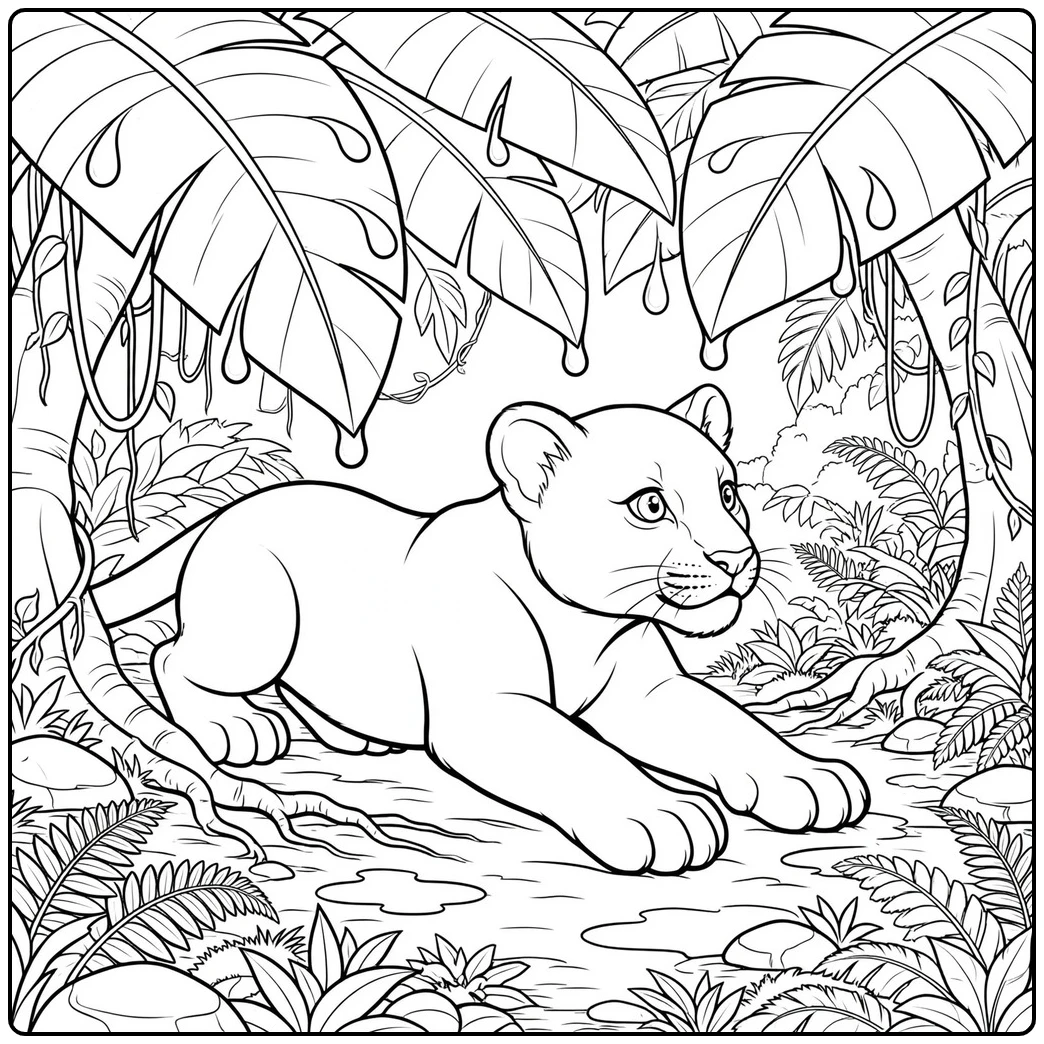 Panther cub crouching beneath rain-wet leaves in a lush jungle setting