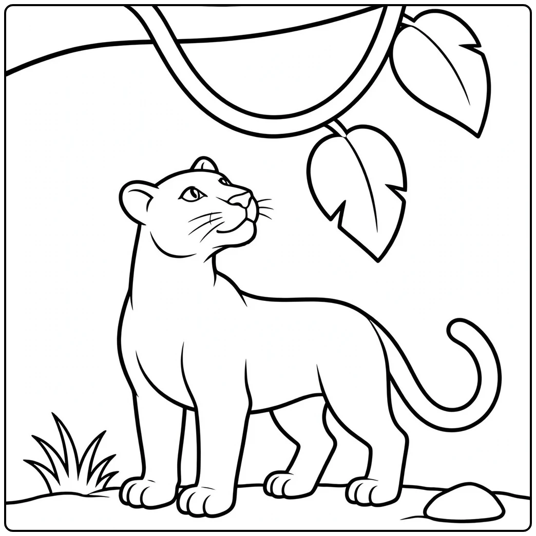 Panther standing under a hanging vine and looking upward with curiosity