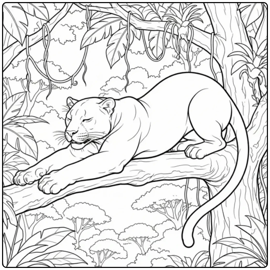 Panther coloring page with a sleek cat lounging above a lush tropical forest