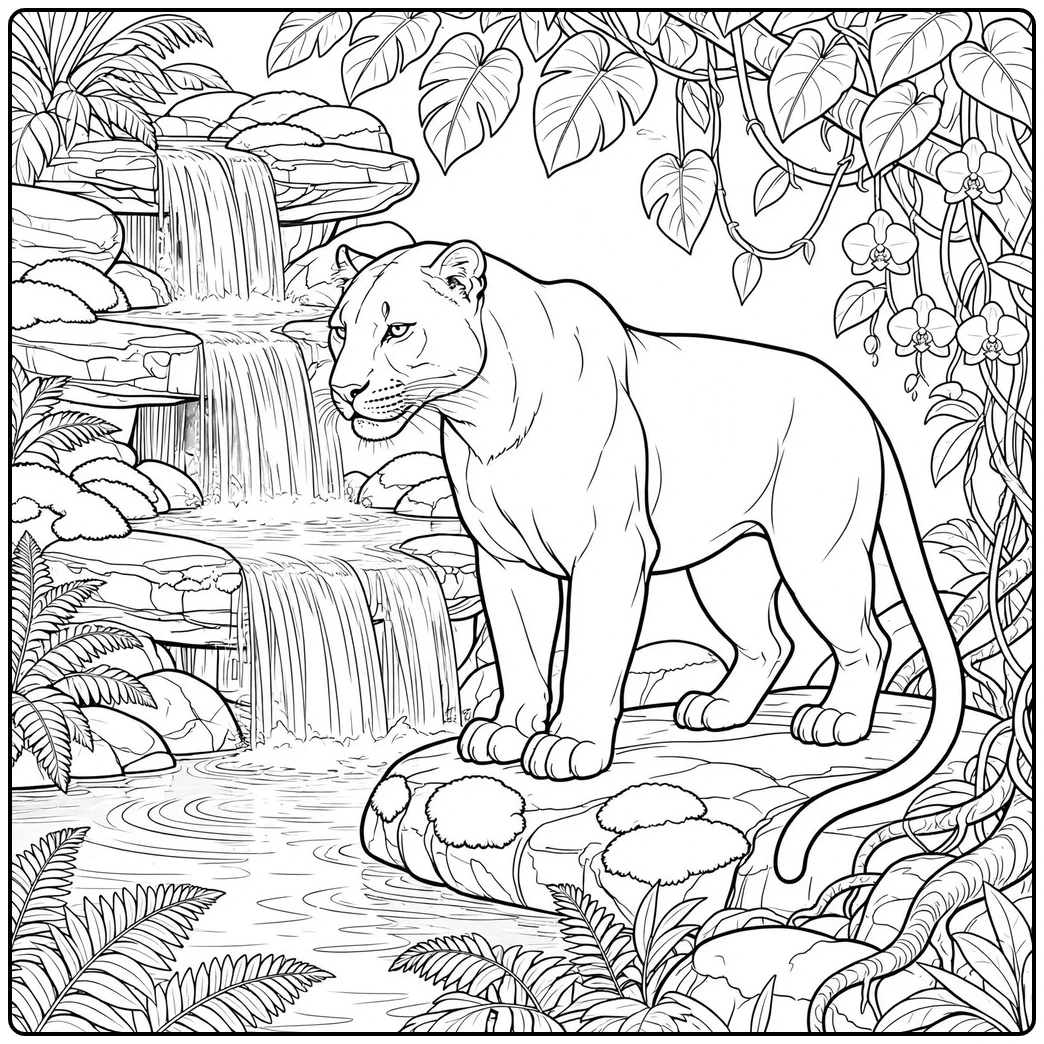 Large panther standing beside a tiered jungle waterfall with orchids and broad leaves