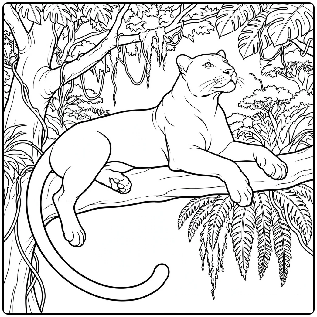 Panther lounging across a thick tree branch high above a lush tropical forest