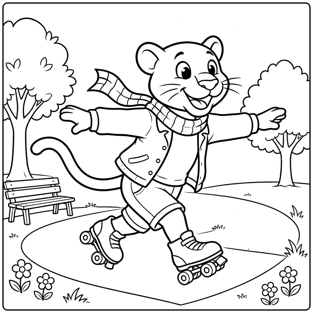 Smiling panther roller skating through a park in panther coloring pages