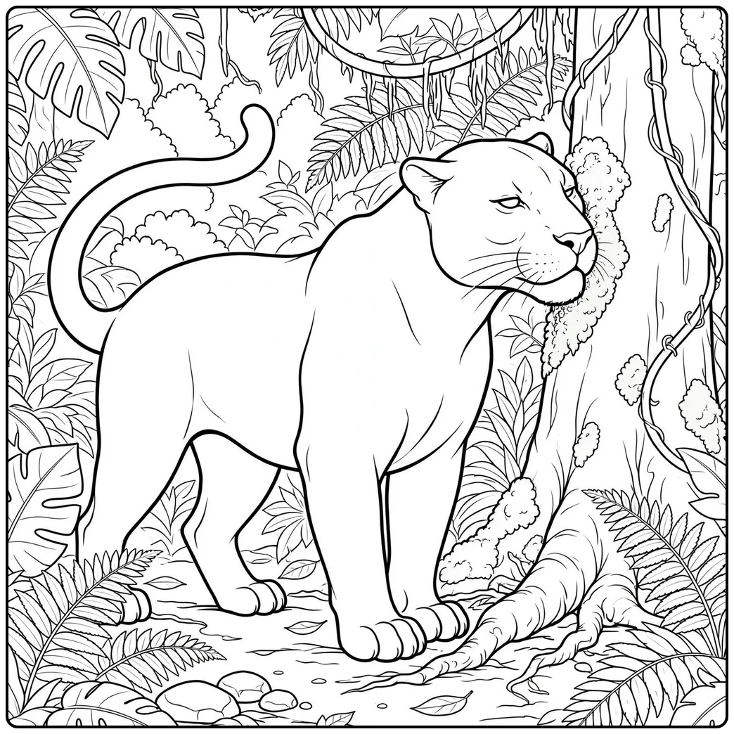 Adult panther rubbing its cheek against a mossy jungle tree among dense ferns
