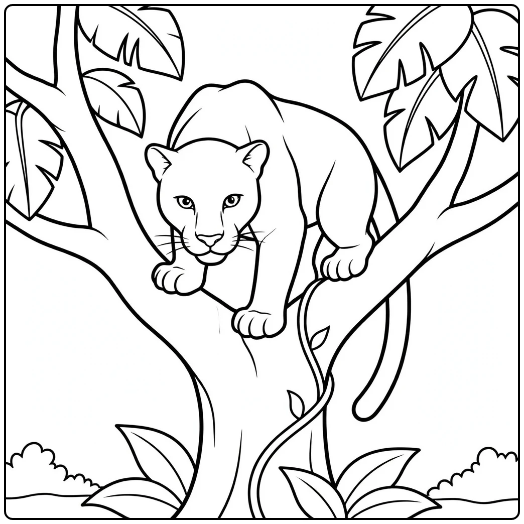 Adult panther balanced in a tree fork with broad leaves around the branches