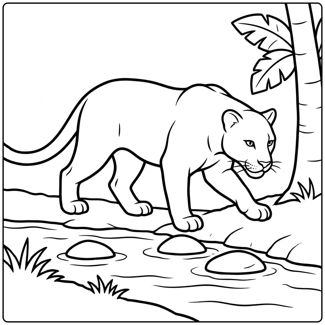 Adult panther walking beside a shallow rocky stream under tropical leaves