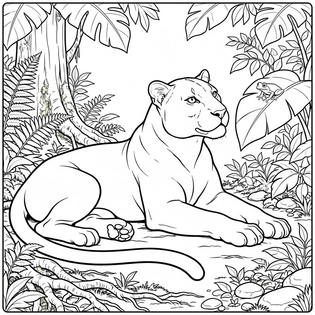 Relaxed panther watching a frog on a broad leaf in a realistic panther coloring page