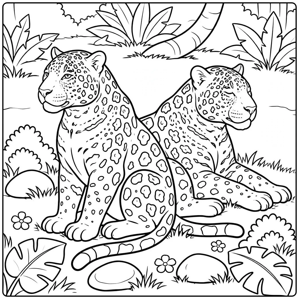 Two adult jaguars resting back to back on a grassy patch surrounded by tropical plants