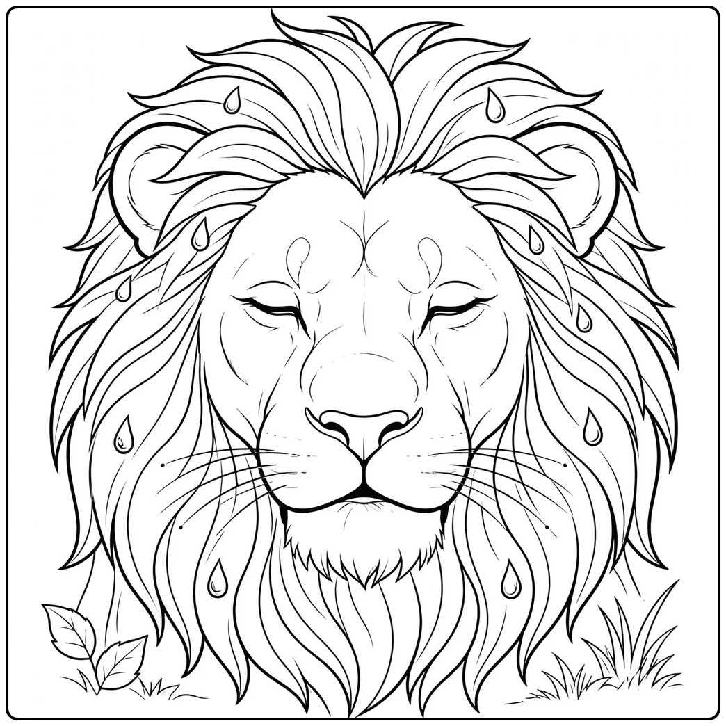 Calm lion face coloring page with closed eyes and raindrops across a layered mane
