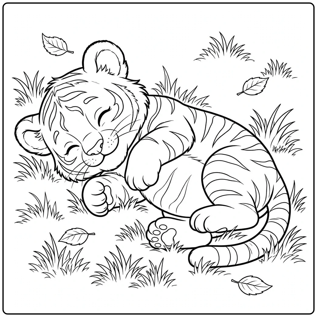 Sleeping cub curled on grass in a peaceful baby tiger coloring page