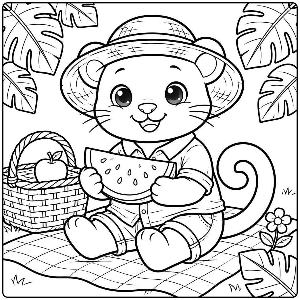 Picnic panther in a sun hat holding watermelon in panther coloring pages