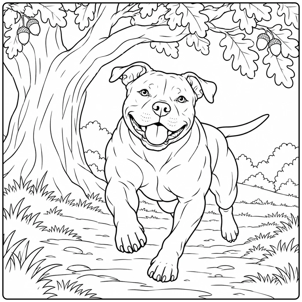 Happy dog runs beneath an oak tree in this pitbull coloring page with acorns overhead