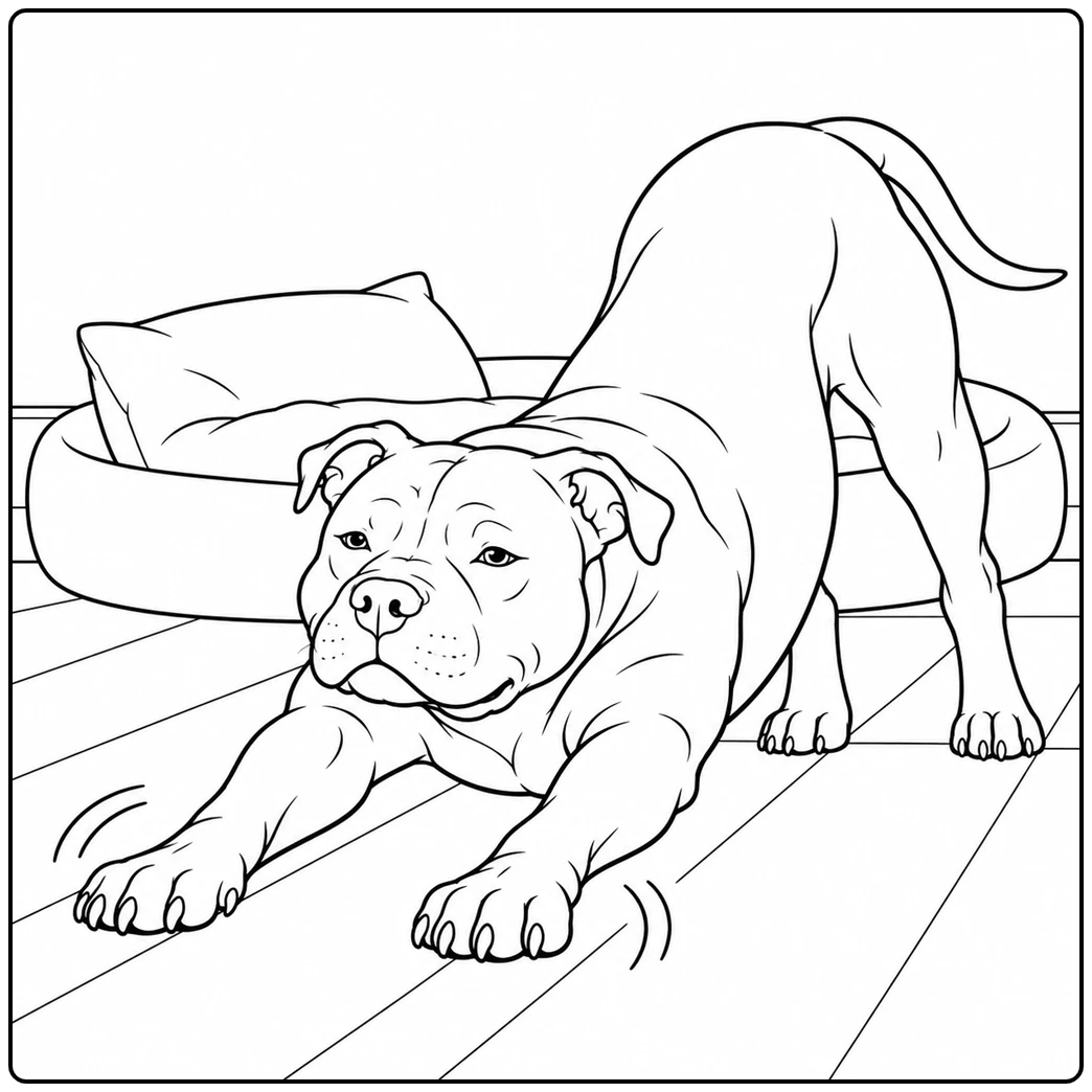 Pitbull stretches forward on a wooden floor with a cushioned dog bed behind it